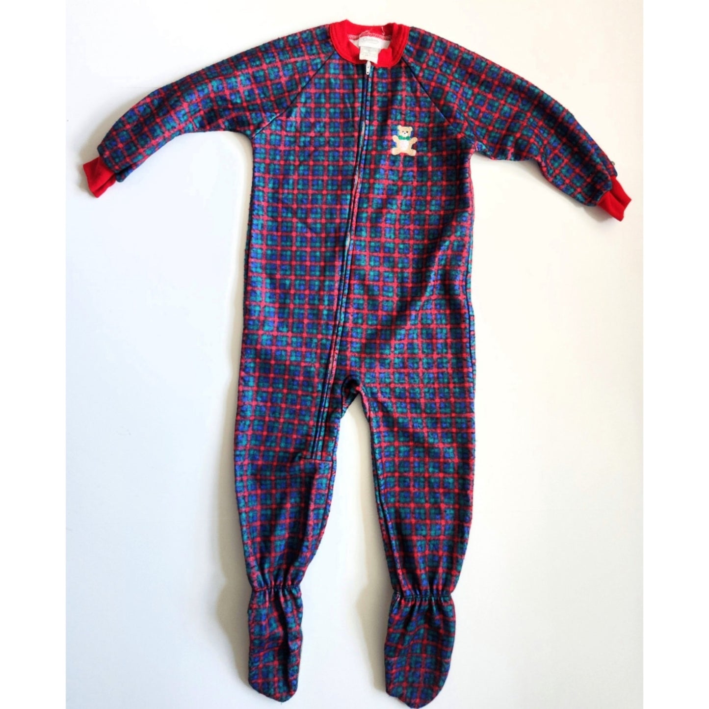 Carter's Vintage 1990s Fleece Footie Pajamas Sleeper Plaid Teddy Bear | Toddler Size 4T