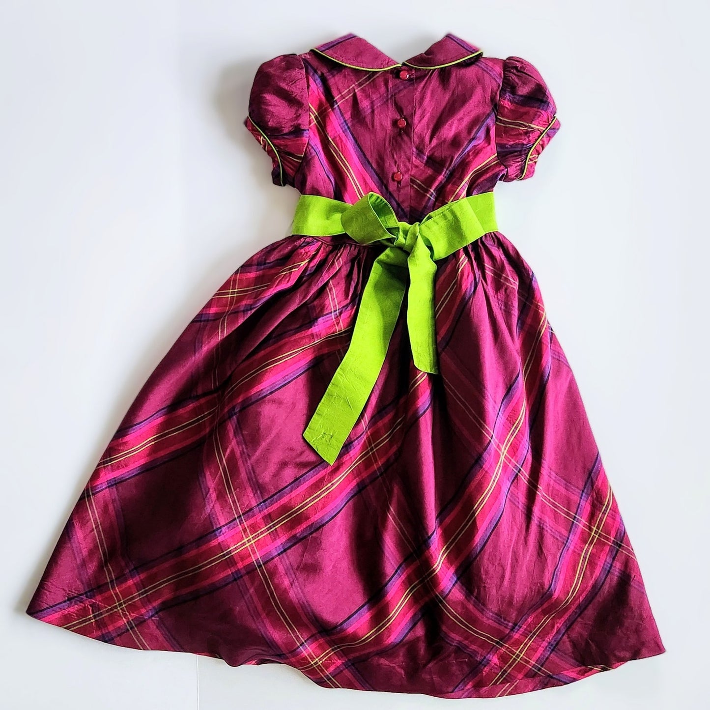 Lilly Pulitzer Vintage 1990s Girls Silk Plaid Dress – Size 5 | Purple & Green Taffeta Party Dress with Puff Sleeves and Grosgrain Ribbon