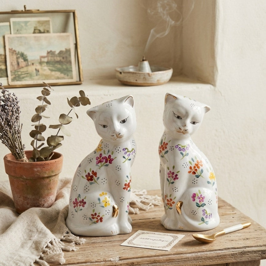 1970s Pair of White Floral Cat Figurines