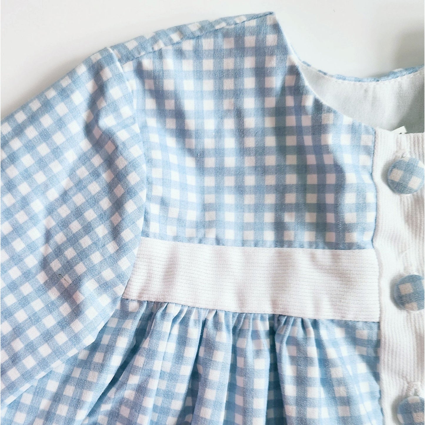 Vintage 1980s Baby Girl Dress – Blue Gingham Bunny Rabbit & Tulip Teapot Appliqué – Infant 18 Months Easter Spring Tea Party Outfit