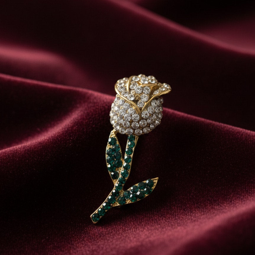 Vintage Jonette JJ Rose Brooch | 1980s Gold Tone Rhinestone Flower Pin | Emerald Green & Clear Crystal
