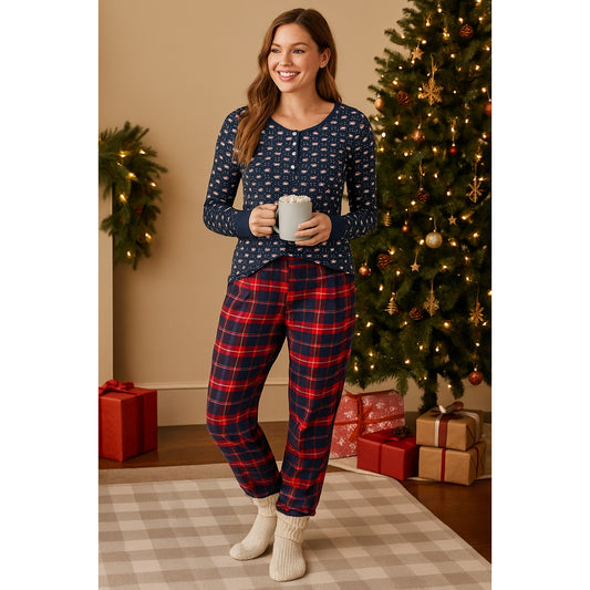 Vineyard Vines Festive Christmas Pajama Henley Top Santa Whale Navy | Women’s M