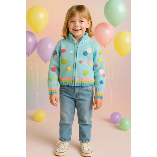 Talbots Kids Vintage 1990s Girls Knit Cardigan | Size 6 | Turquoise Cotton Sweater with Colorful Polka Dots | Zip Closure