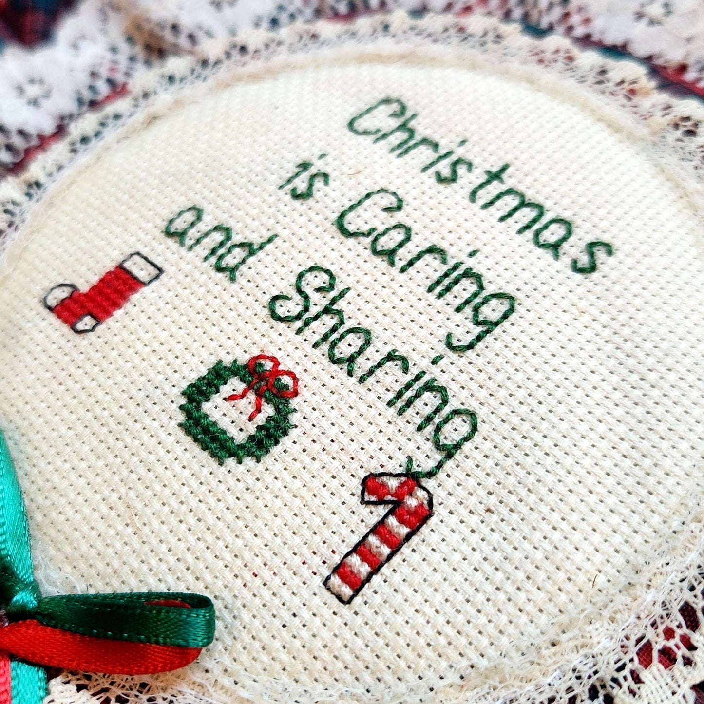 🎁 Vintage 1987 Christmas Cross Stitch Wall Basket – “Christmas is Caring and Sharing” – B. Bartusek Simple Country Pleasures