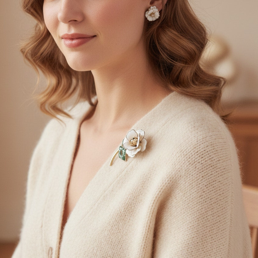 Mid-Century White Enamel Gardenia Flower Brooch & Clip-On Earrings Set