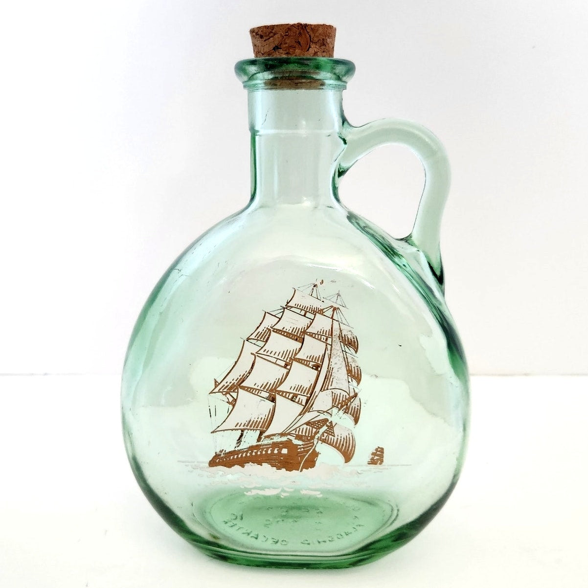 MCM Vintage Old Fitzgerald Green Glass Flagship Decanter Bottle – Tall Ship Design – Collectible Nautical Barware