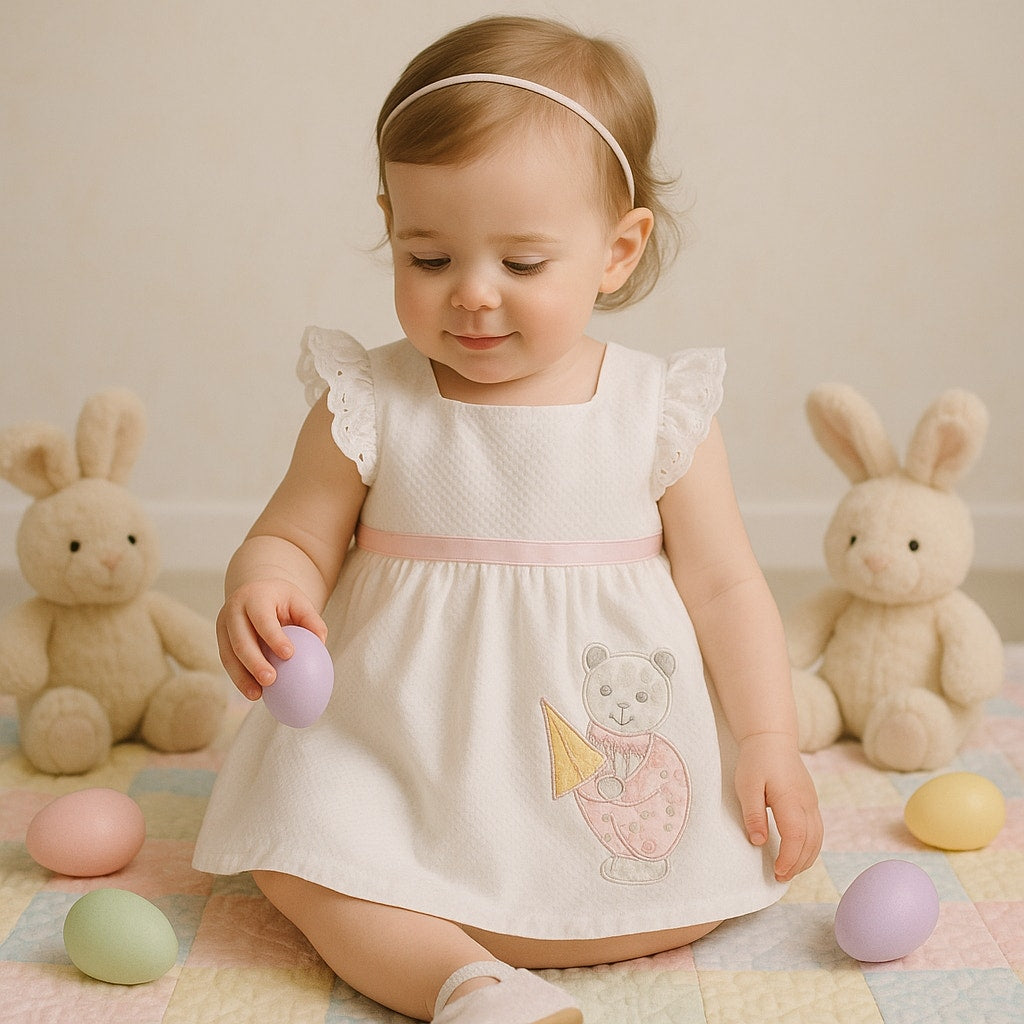 Little Bitty Vintage 1980s Baby Girl Dress 18M – White Waffle Weave with Pink Ribbon, Sailboat & Bear Applique, Eyelet Trim, Made in USA