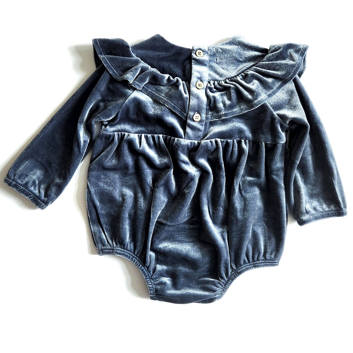 Mud Pie	Blue Velvet Baby Romper | Long Sleeve Ruffle One Piece | NWT | Size 3-6M