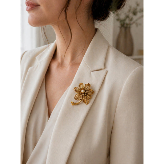 Vintage Mid Century BSK Gold Tone Filigree Pearl & Rhinestone Flower Brooch