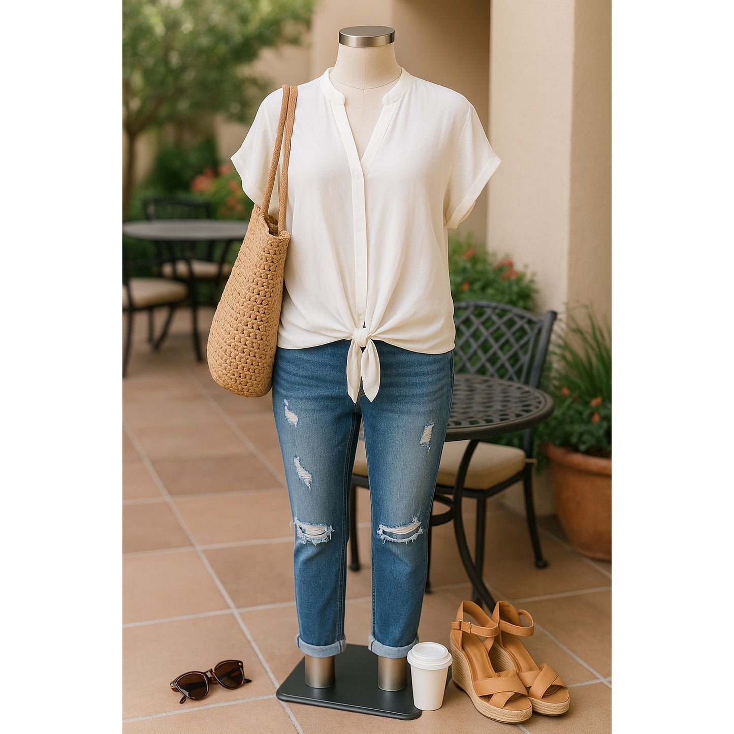 Chico’s White Button Down Tie-Front Blouse | Women Size 2 (Large) Rayon Short Sleeve