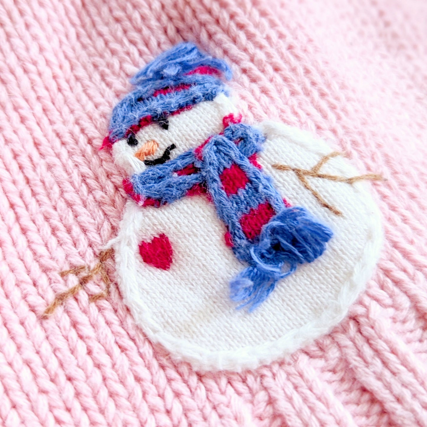 Talbots Kids Vintage 1990s Baby Girl Winter Cardigan | Pink Cotton Knit Sweater with Snowman Appliques | Puff Sleeves 12M | Eczema-Friendly