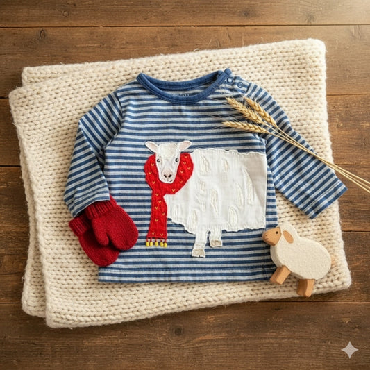 Vintage Baby Boden Infant Blue Striped Sheep in Scarf Long Sleeve Tee Size 6-12M