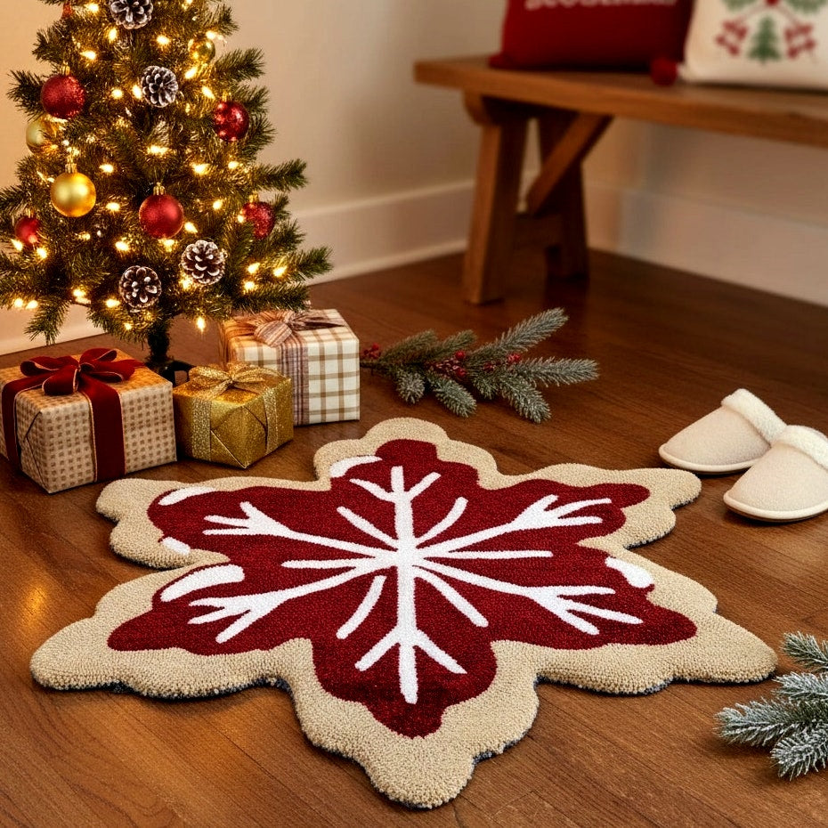 Red Snowflake Hooked Accent Rug | 30” Round | Holiday Collection | NWT