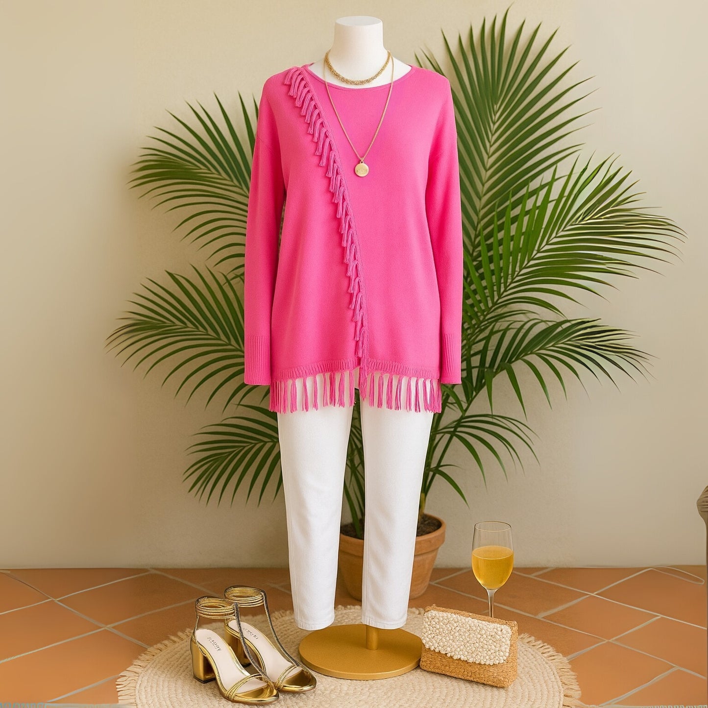 Lilly Pulitzer Emberly Sweater | Mandevilla Pink Fringe Tassel Pullover Women's Medium