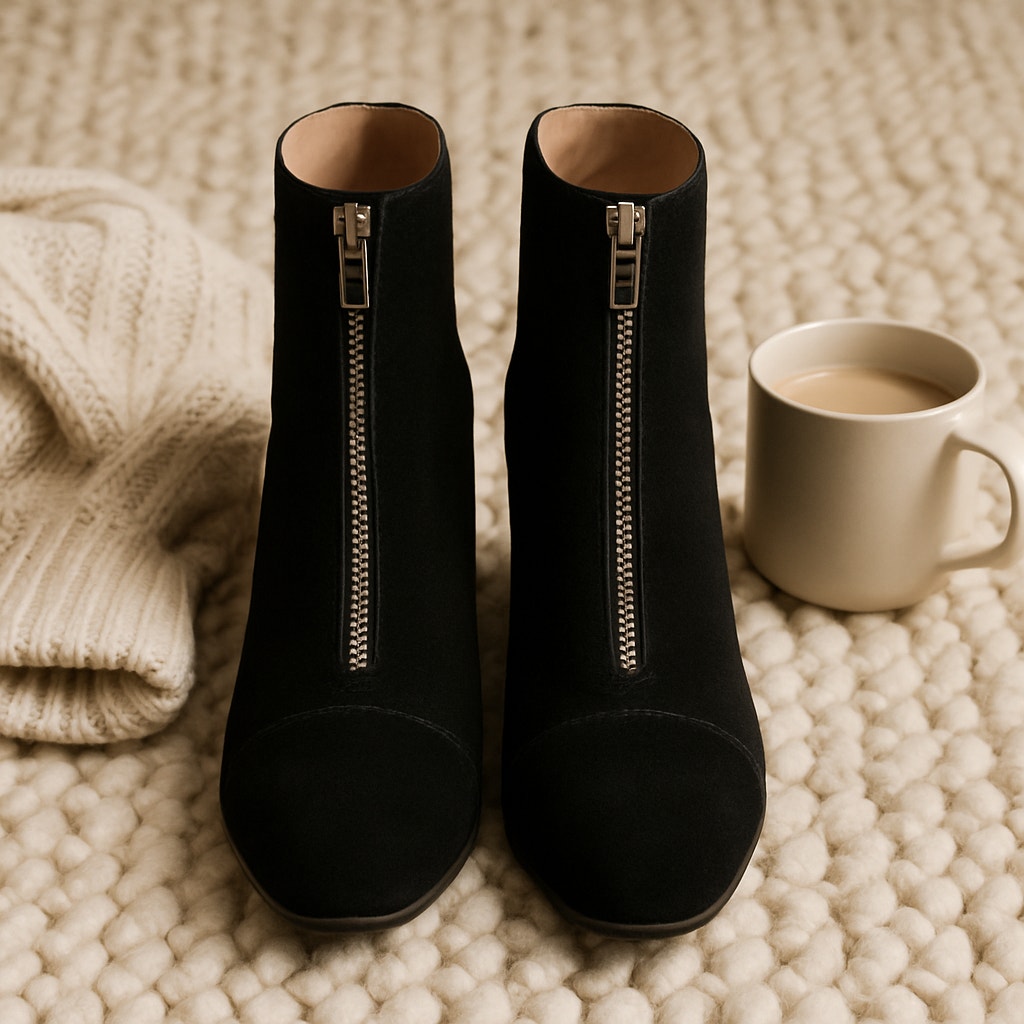 The Amalia Zip Ankle Boot in Suede True Black – Women's 10