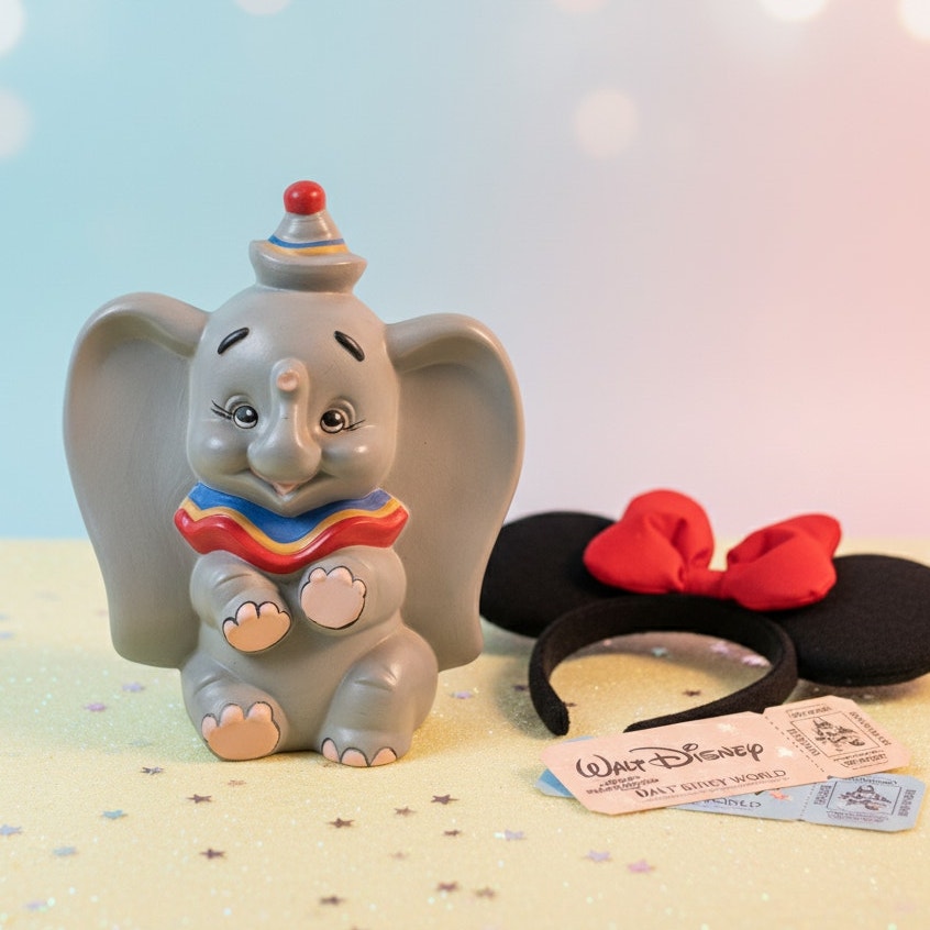 Vintage 1980s Walt Disney World Dumbo Figurine | Hand Painted Ceramic Collectible | 9" Disney Character Statue | Kids Home
