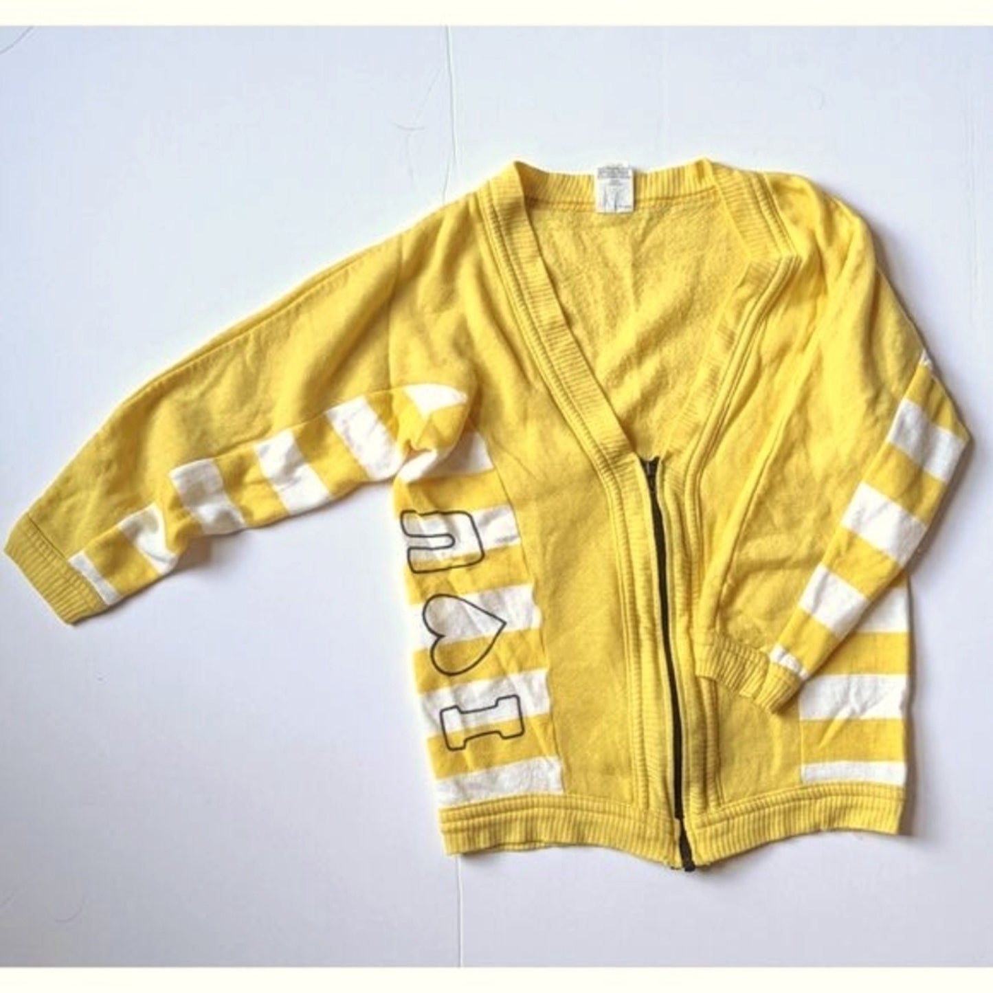 Vintage Carter’s 1980s Kids Sweater | Size 4 / 4T | Yellow & White Striped Zip Cardigan | “I ❤️ You” Sleeve | Made in USA