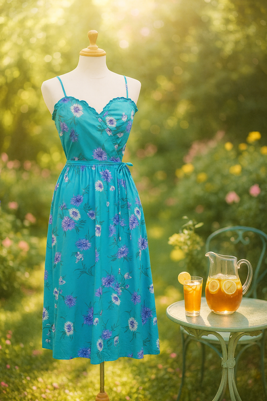 Malia Women's Vintage 1970s Teal & Purple Floral Sweetheart Tea Dress Size M